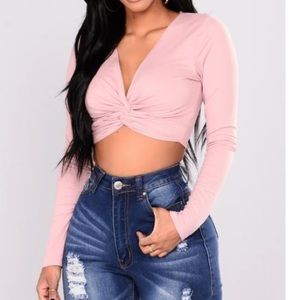 Long Sleeve V-Neck Crop Top Twist Front